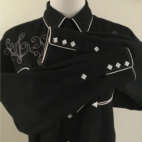 Panhandler Slim Western Wear Black Embroidered Pearl Diamond Snap Button Shirt - Picture 5 of 14
